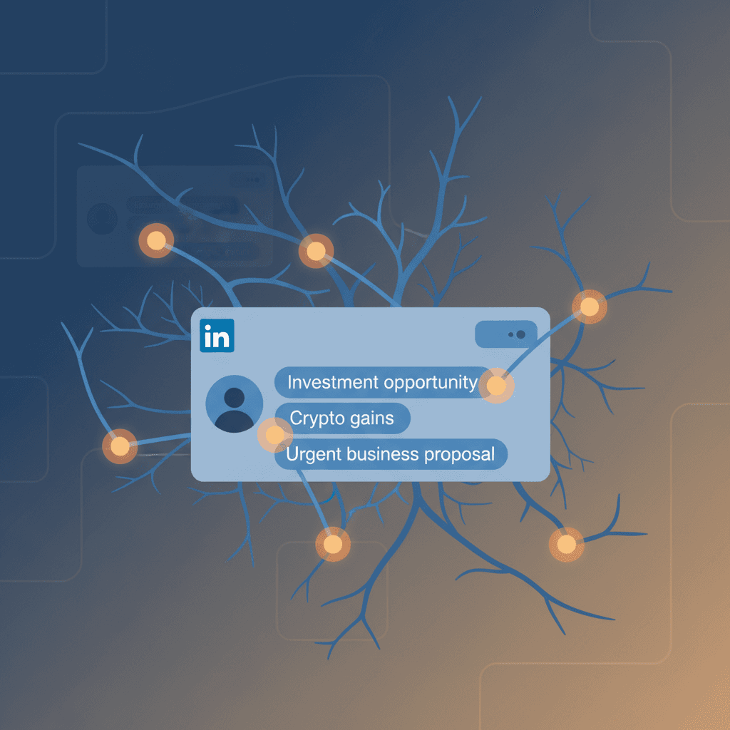 Editorial illustration of a stylized neural network analyzing a LinkedIn message interface, with glowing signal-detectio