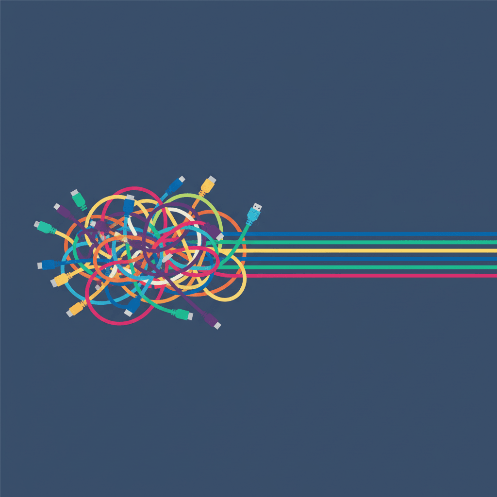 Editorial illustration of a complex tangle of 15 brightly colored cables and connectors on the left side collapsing and