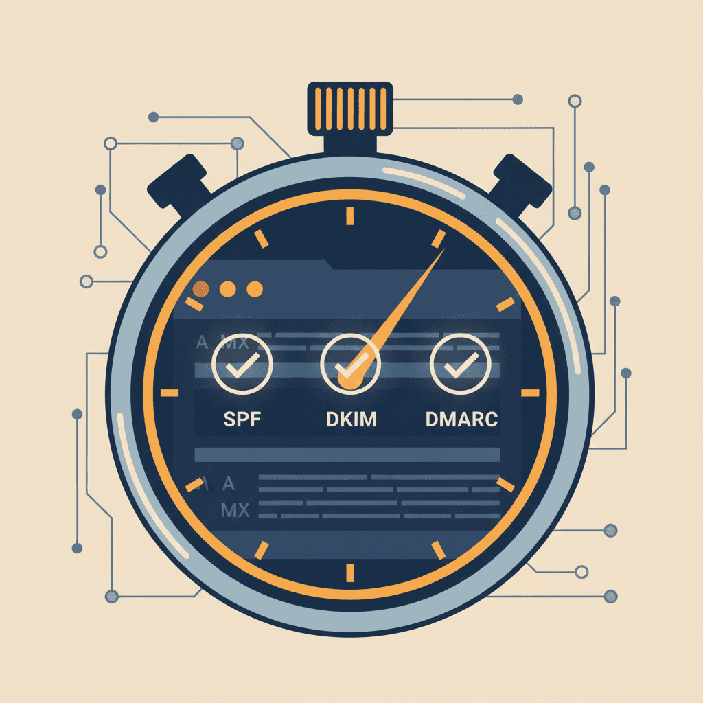Editorial illustration of a stopwatch overlaid on a stylized DNS record interface, with three glowing checkmarks labeled